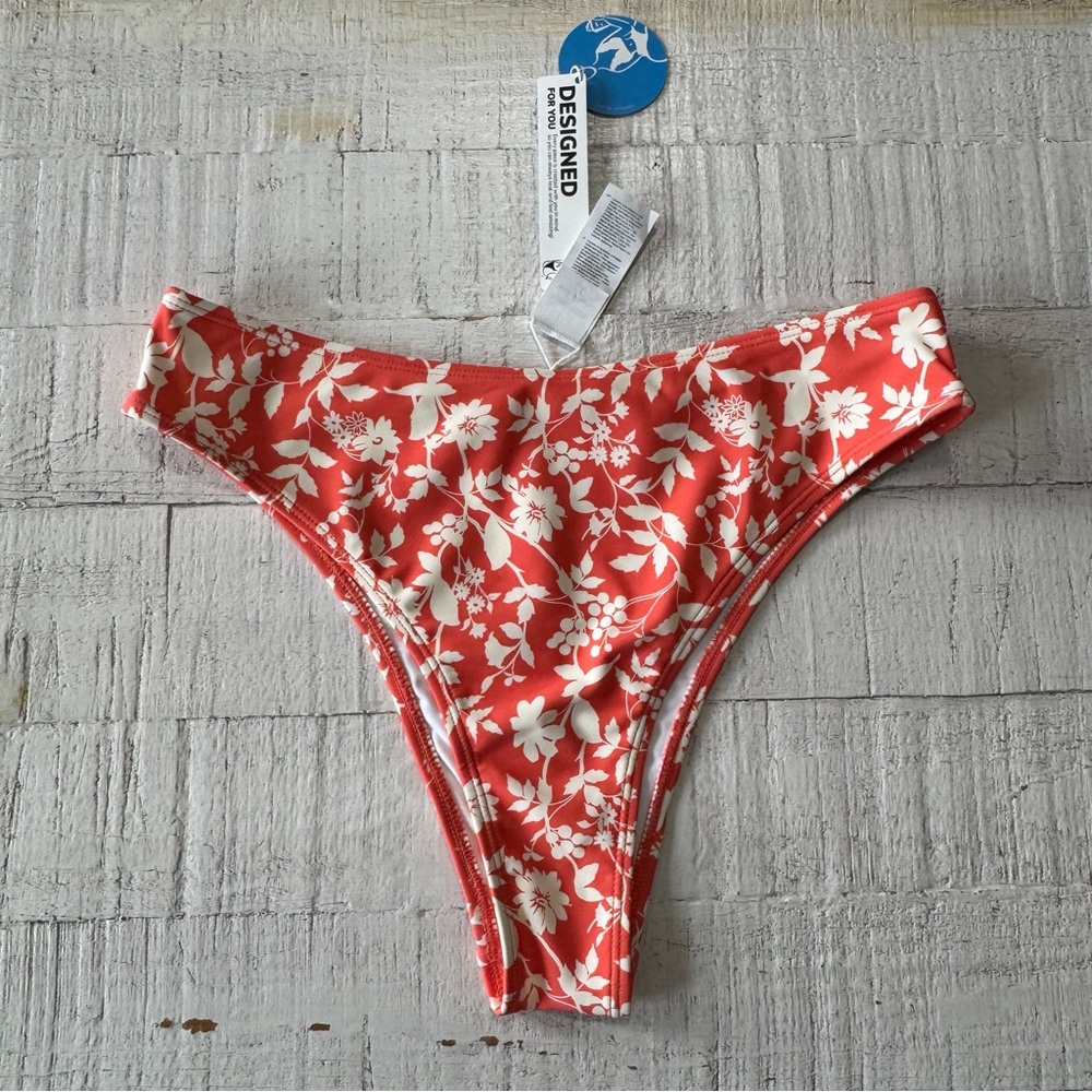 Cupshe Coral Orange Floral Bikini‎ Bottom NWT size Medium Hi-Cut Cheeky